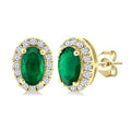 5x3 MM Oval Shape Emerald and 1/8 Ctw Round Cut Diamond Halo Precious Stud Earrings in 10K Yellow Gold