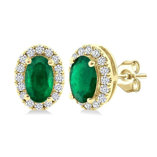 5x3 MM Oval Shape Emerald and 1/8 Ctw Round Cut Diamond Halo Precious Stud Earrings in 10K Yellow Gold