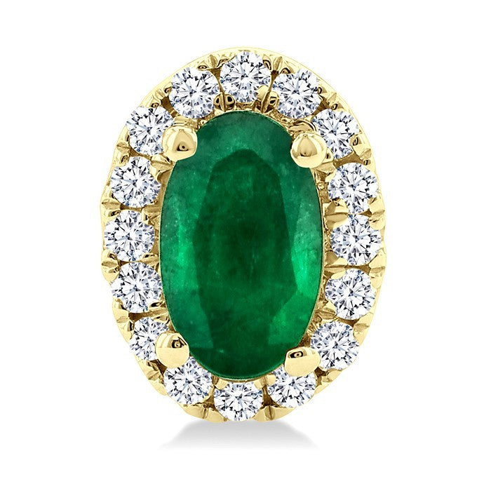 5x3 MM Oval Shape Emerald and 1/8 Ctw Round Cut Diamond Halo Precious Stud Earrings in 10K Yellow Gold
