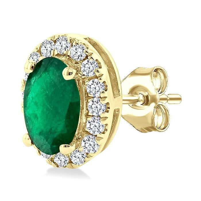 5x3 MM Oval Shape Emerald and 1/8 Ctw Round Cut Diamond Halo Precious Stud Earrings in 10K Yellow Gold
