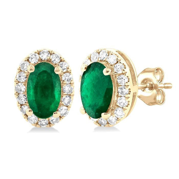 5x3 MM Oval Shape Emerald and 1/8 Ctw Round Cut Diamond Halo Precious Stud Earrings in 10K Yellow Gold