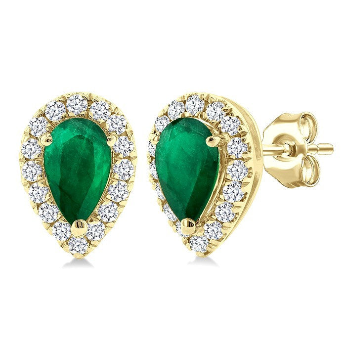 5x3 MM Pear Shape Emerald and 1/8 Ctw Round Cut Diamond Halo Precious Stud Earrings in 10K Yellow Gold