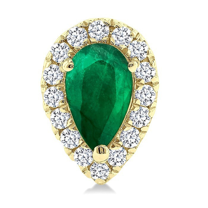 5x3 MM Pear Shape Emerald and 1/8 Ctw Round Cut Diamond Halo Precious Stud Earrings in 10K Yellow Gold