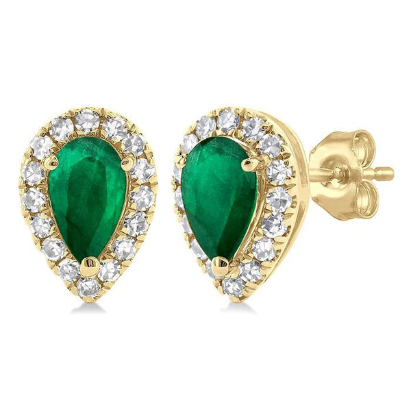 5x3 MM Pear Shape Emerald and 1/8 Ctw Round Cut Diamond Halo Precious Stud Earrings in 10K Yellow Gold