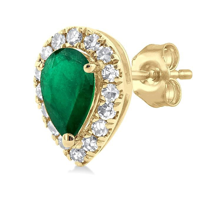 Pear Shape Emerald Gemstone & Halo Diamond Earrings