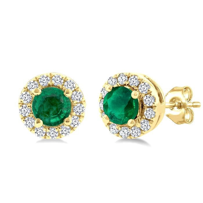 3.25 MM Round Emerald and 1/10 Ctw Round Cut Diamond Halo Precious Stud Earrings in 10K Yellow Gold