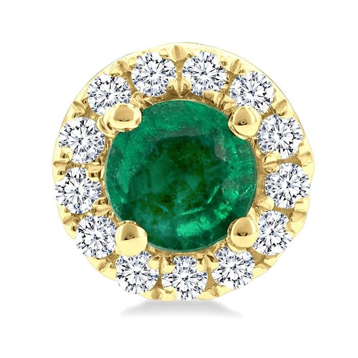 3.25 MM Round Emerald and 1/10 Ctw Round Cut Diamond Halo Precious Stud Earrings in 10K Yellow Gold