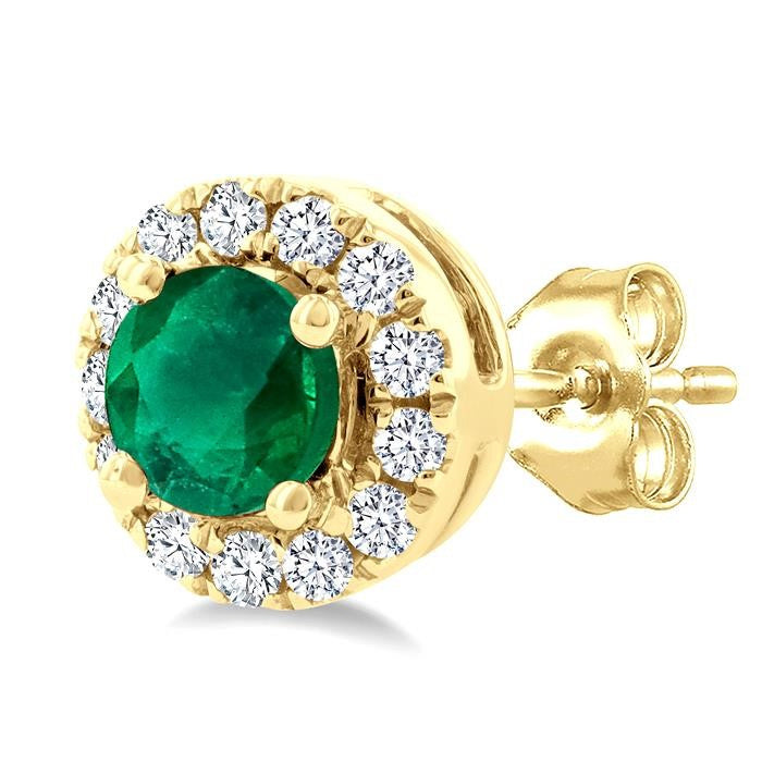 3.25 MM Round Emerald and 1/10 Ctw Round Cut Diamond Halo Precious Stud Earrings in 10K Yellow Gold