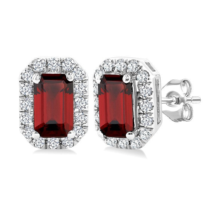 5x3 MM Octagonal Shape Garnet and 1/8 Ctw Round Cut Diamond Halo Semi-Precious Stud Earrings in 10K White Gold