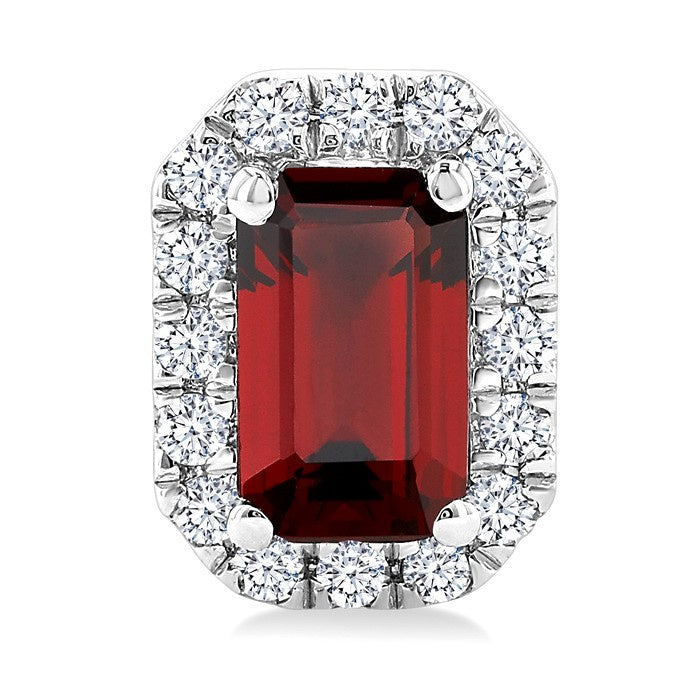 5x3 MM Octagonal Shape Garnet and 1/8 Ctw Round Cut Diamond Halo Semi-Precious Stud Earrings in 10K White Gold