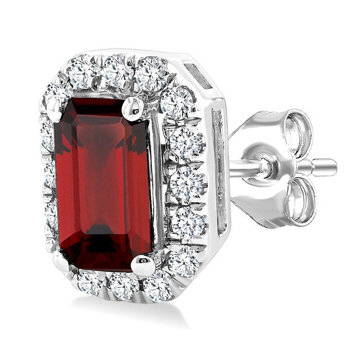 5x3 MM Octagonal Shape Garnet and 1/8 Ctw Round Cut Diamond Halo Semi-Precious Stud Earrings in 10K White Gold