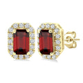 5x3 MM Octagonal Shape Garnet and 1/8 Ctw Round Cut Diamond Halo Semi-Precious Stud Earrings in 10K Yellow Gold