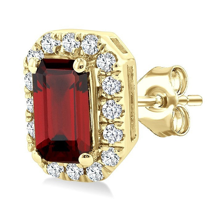 5x3 MM Octagonal Shape Garnet and 1/8 Ctw Round Cut Diamond Halo Semi-Precious Stud Earrings in 10K Yellow Gold