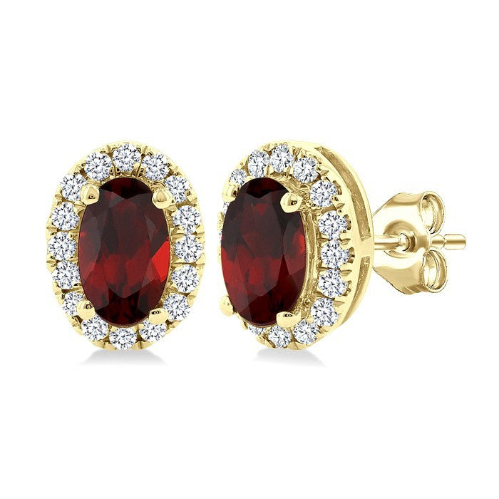 5x3 MM Oval Shape Garnet and 1/8 Ctw Round Cut Diamond Halo Semi-Precious Stud Earrings in 10K Yellow Gold