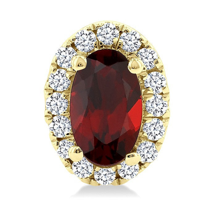 5x3 MM Oval Shape Garnet and 1/8 Ctw Round Cut Diamond Halo Semi-Precious Stud Earrings in 10K Yellow Gold