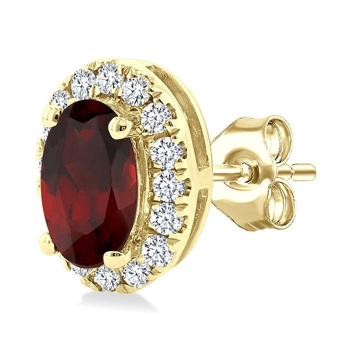 5x3 MM Oval Shape Garnet and 1/8 Ctw Round Cut Diamond Halo Semi-Precious Stud Earrings in 10K Yellow Gold