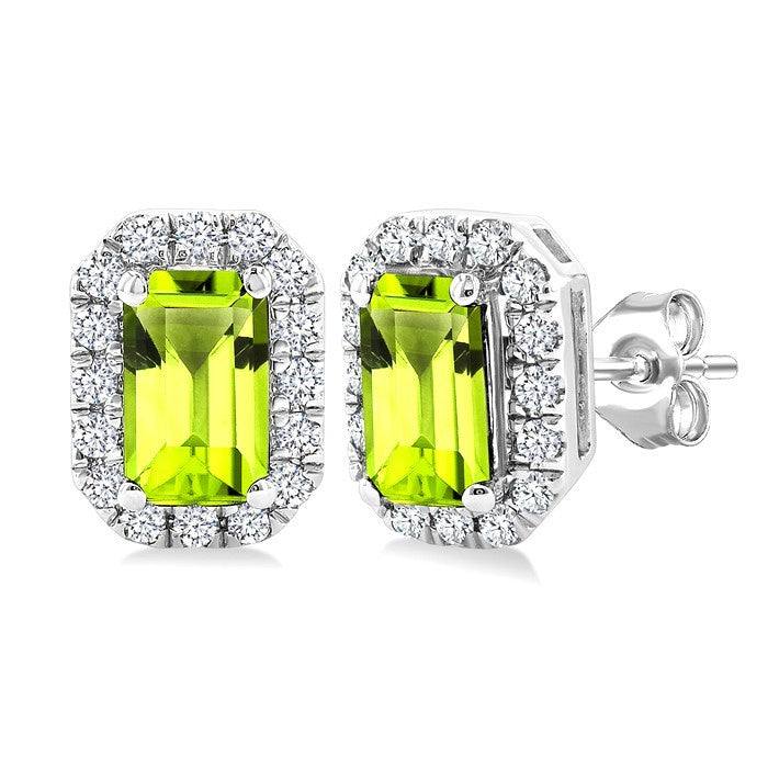 5x3 MM Octagonal Shape Peridot and 1/8 Ctw Round Cut Diamond Halo Semi-Precious Stud Earrings in 10K White Gold