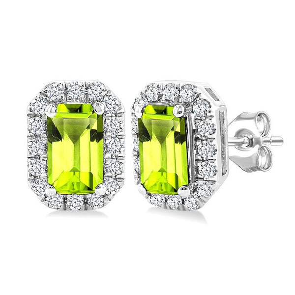 5x3 MM Octagonal Shape Peridot and 1/8 Ctw Round Cut Diamond Halo Semi-Precious Stud Earrings in 10K White Gold