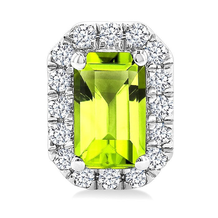 5x3 MM Octagonal Shape Peridot and 1/8 Ctw Round Cut Diamond Halo Semi-Precious Stud Earrings in 10K White Gold
