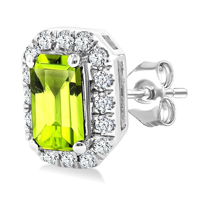 5x3 MM Octagonal Shape Peridot and 1/8 Ctw Round Cut Diamond Halo Semi-Precious Stud Earrings in 10K White Gold