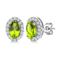 5x3 MM Oval Shape Peridot and 1/8 Ctw Round Cut Diamond Halo Semi-Precious Stud Earrings in 10K White Gold
