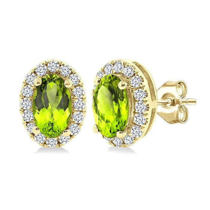 5x3 MM Oval Shape Peridot and 1/8 Ctw Round Cut Diamond Halo Semi-Precious Stud Earrings in 10K Yellow Gold