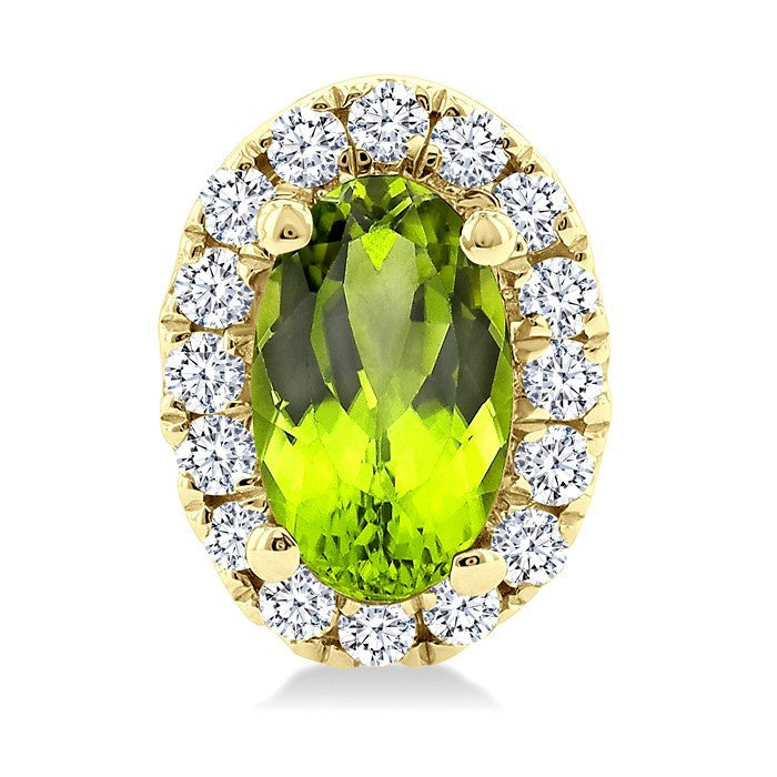 5x3 MM Oval Shape Peridot and 1/8 Ctw Round Cut Diamond Halo Semi-Precious Stud Earrings in 10K Yellow Gold