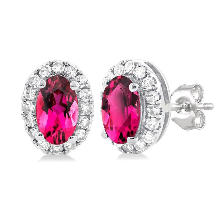 Oval Shape Gemstone & Halo Diamond Earrings