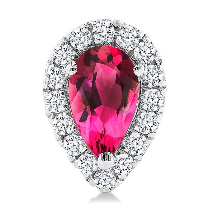 5x3 MM Pear Shape Pink Tourmaline and 1/8 Ctw Round Cut Diamond Halo Semi-Precious Stud Earrings in 10K White Gold
