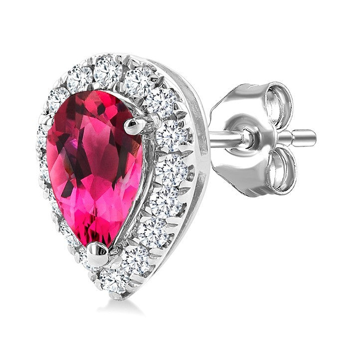 5x3 MM Pear Shape Pink Tourmaline and 1/8 Ctw Round Cut Diamond Halo Semi-Precious Stud Earrings in 10K White Gold