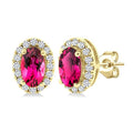 5x3 MM Oval Shape Pink Tourmaline and 1/8 Ctw Round Cut Diamond Halo Semi-Precious Stud Earrings in 10K Yellow Gold