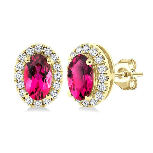 5x3 MM Oval Shape Pink Tourmaline and 1/8 Ctw Round Cut Diamond Halo Semi-Precious Stud Earrings in 10K Yellow Gold