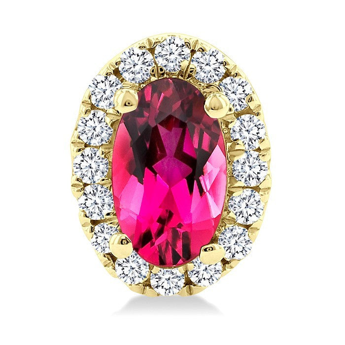 5x3 MM Oval Shape Pink Tourmaline and 1/8 Ctw Round Cut Diamond Halo Semi-Precious Stud Earrings in 10K Yellow Gold