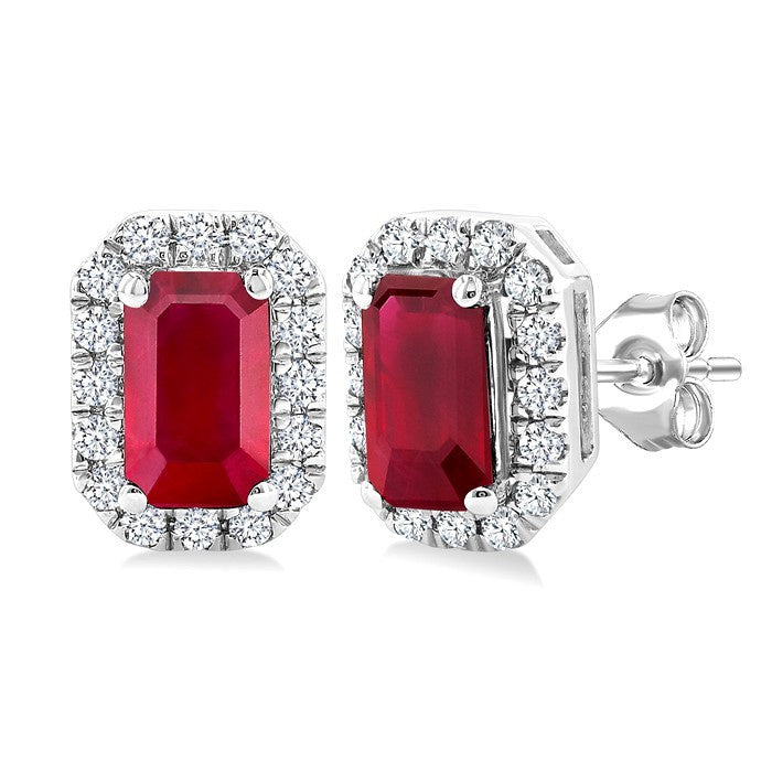5x3 MM Octagonal Shape Ruby and 1/8 Ctw Round Cut Diamond Halo Precious Stud Earrings in 10K White Gold