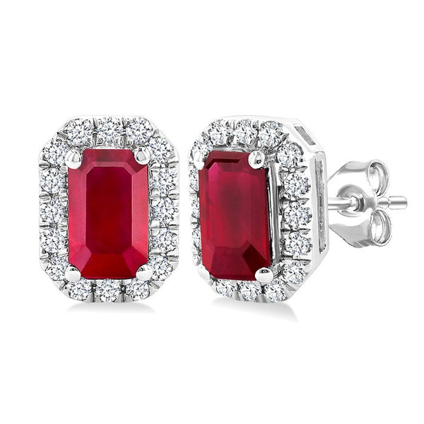 5x3 MM Octagonal Shape Ruby and 1/8 Ctw Round Cut Diamond Halo Precious Stud Earrings in 10K White Gold