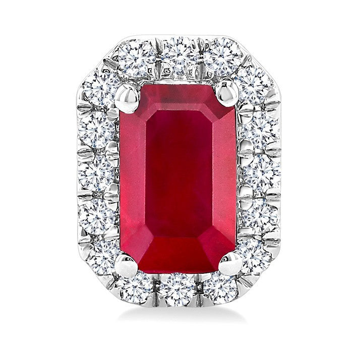 5x3 MM Octagonal Shape Ruby and 1/8 Ctw Round Cut Diamond Halo Precious Stud Earrings in 10K White Gold