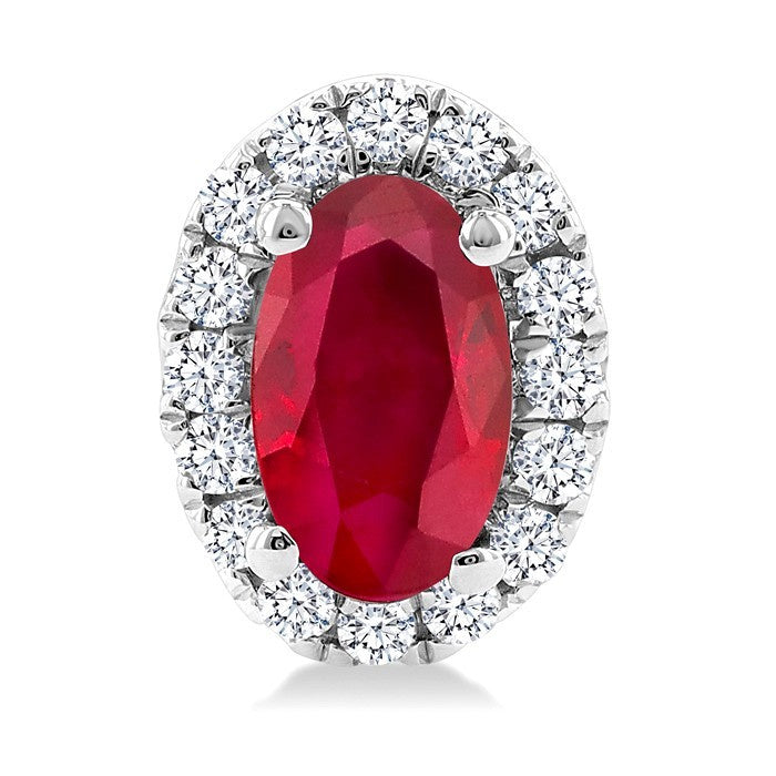 5x3 MM Oval Shape Ruby and 1/8 Ctw Round Cut Diamond Halo Precious Stud Earrings in 10K White Gold