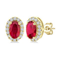 5x3 MM Oval Shape Ruby and 1/8 Ctw Round Cut Diamond Halo Precious Stud Earrings in 10K Yellow Gold