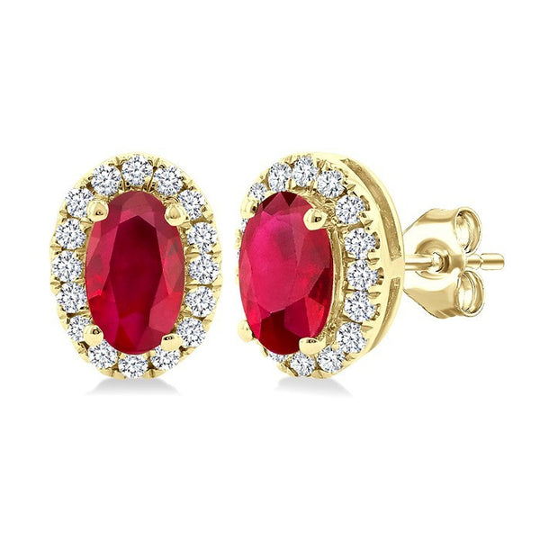 5x3 MM Oval Shape Ruby and 1/8 Ctw Round Cut Diamond Halo Precious Stud Earrings in 10K Yellow Gold