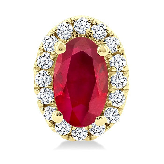 5x3 MM Oval Shape Ruby and 1/8 Ctw Round Cut Diamond Halo Precious Stud Earrings in 10K Yellow Gold