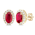 Oval Shape Gemstone & Halo Diamond Stud Earrings