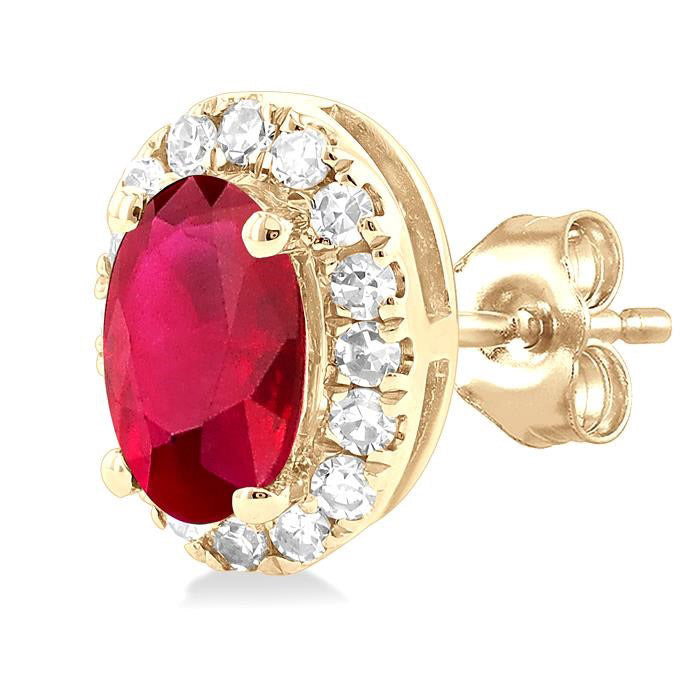 Oval Shape Gemstone & Halo Diamond Stud Earrings