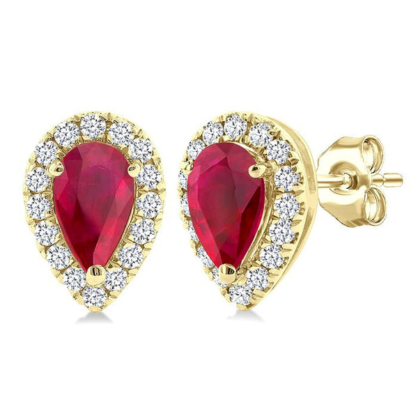 5x3 MM Pear Shape Ruby and 1/8 Ctw Round Cut Diamond Halo Precious Stud Earrings in 10K Yellow Gold