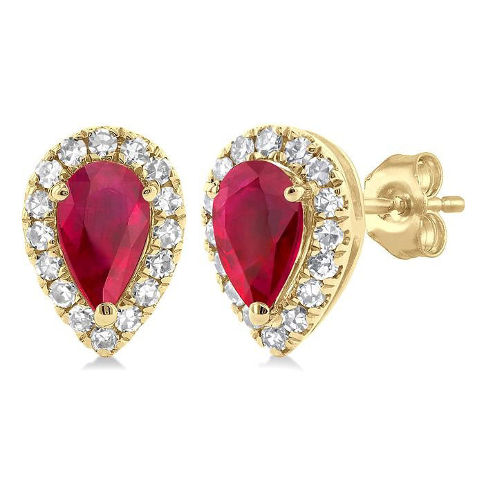 Pear Shape Gemstone & Halo Diamond Stud Earrings