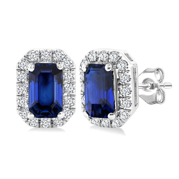 5x3 MM Octagonal Shape Sapphire and 1/8 Ctw Round Cut Diamond Halo Precious Stud Earrings in 10K White Gold