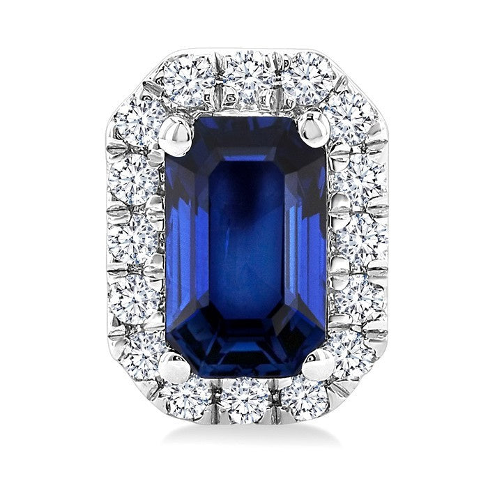 5x3 MM Octagonal Shape Sapphire and 1/8 Ctw Round Cut Diamond Halo Precious Stud Earrings in 10K White Gold