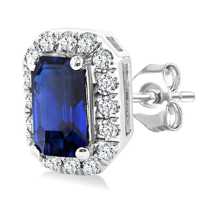 5x3 MM Octagonal Shape Sapphire and 1/8 Ctw Round Cut Diamond Halo Precious Stud Earrings in 10K White Gold