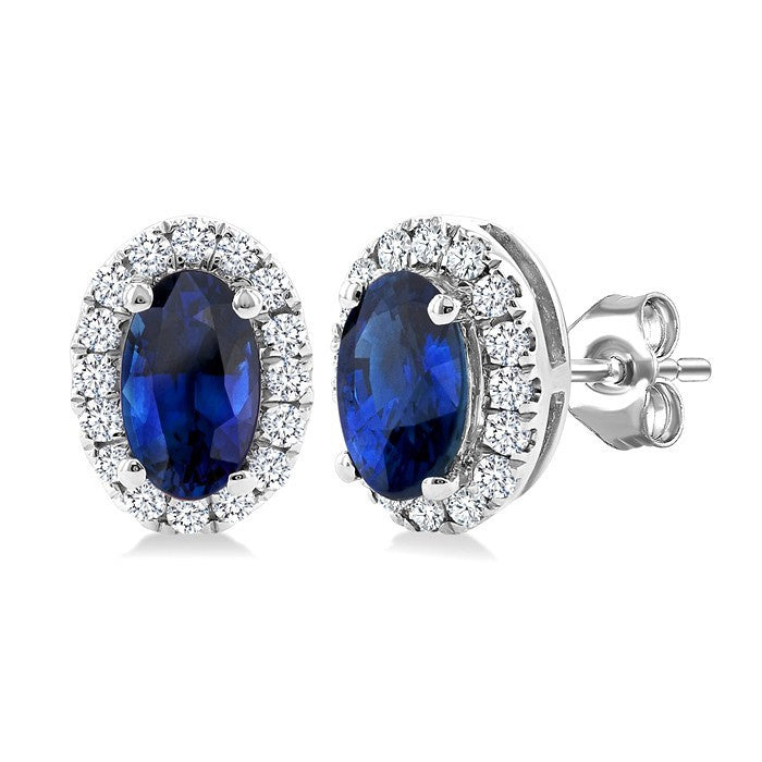 5x3 MM Oval Shape Sapphire and 1/8 Ctw Round Cut Diamond Halo Precious Stud Earrings in 10K White Gold