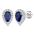 5x3 MM Pear Shape Sapphire and 1/8 Ctw Round Cut Diamond Halo Precious Stud Earrings in 10K White Gold