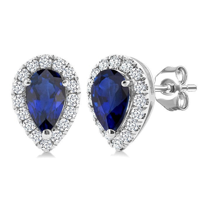 5x3 MM Pear Shape Sapphire and 1/8 Ctw Round Cut Diamond Halo Precious Stud Earrings in 10K White Gold